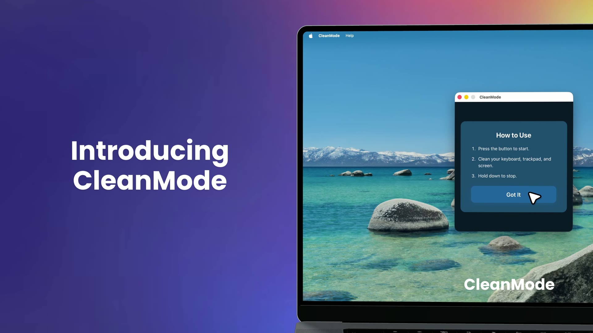 CleanMode demo — lock keyboard and trackpad to clean your laptop without shutting down